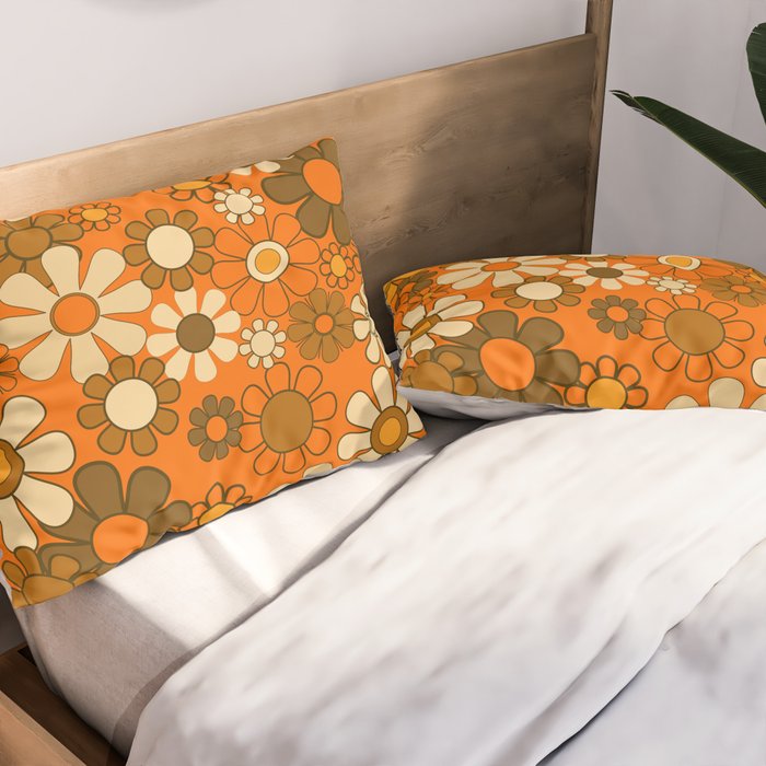 70s Retro Floral Pattern Groovy Garden Flowers in Orange and Brown Pillow Sham Gallery Image 2