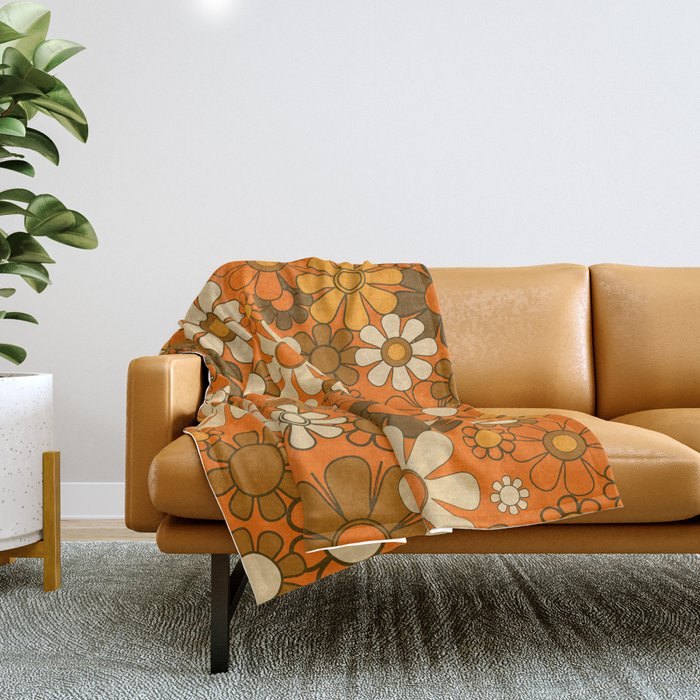 70s Retro Floral Pattern Groovy Garden Flowers in Orange and Brown Throw Blanket Gallery Image 1