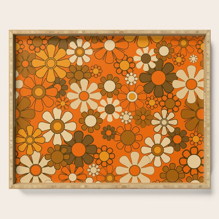 70s Retro Floral Pattern Groovy Garden Flowers in Orange and Brown Serving Tray Gallery Image 1