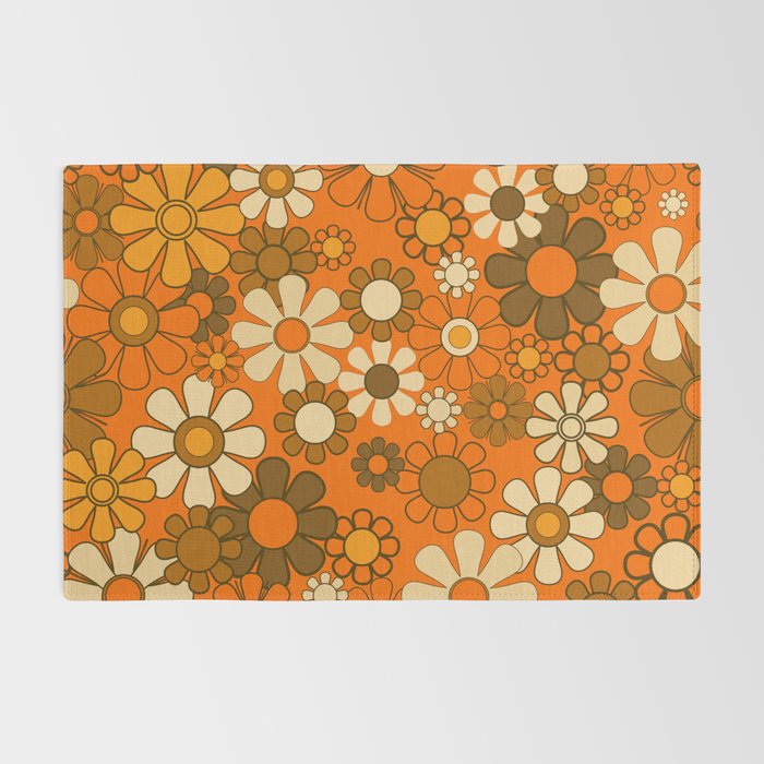 70s Retro Floral Pattern Groovy Garden Flowers in Orange and Brown Rug Gallery Image 2