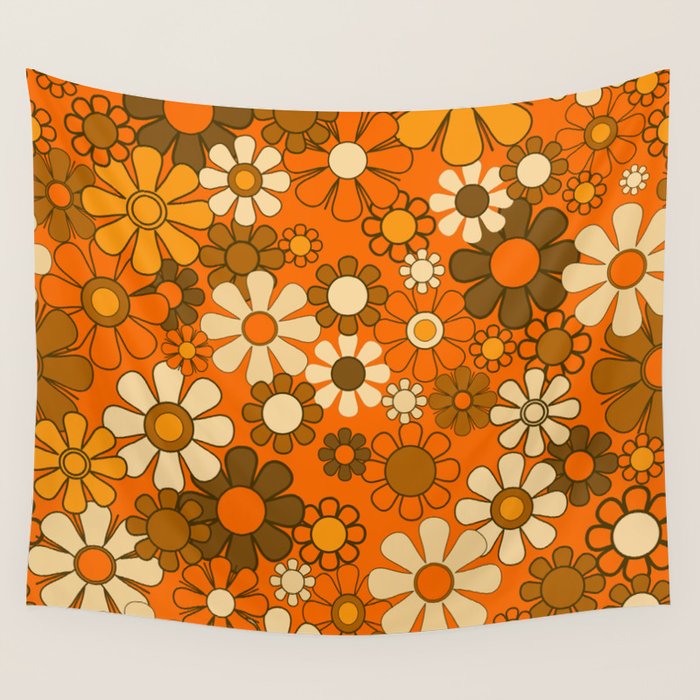 70s Retro Floral Pattern Groovy Garden Flowers in Orange and Brown Wall Tapestry Gallery Image 4