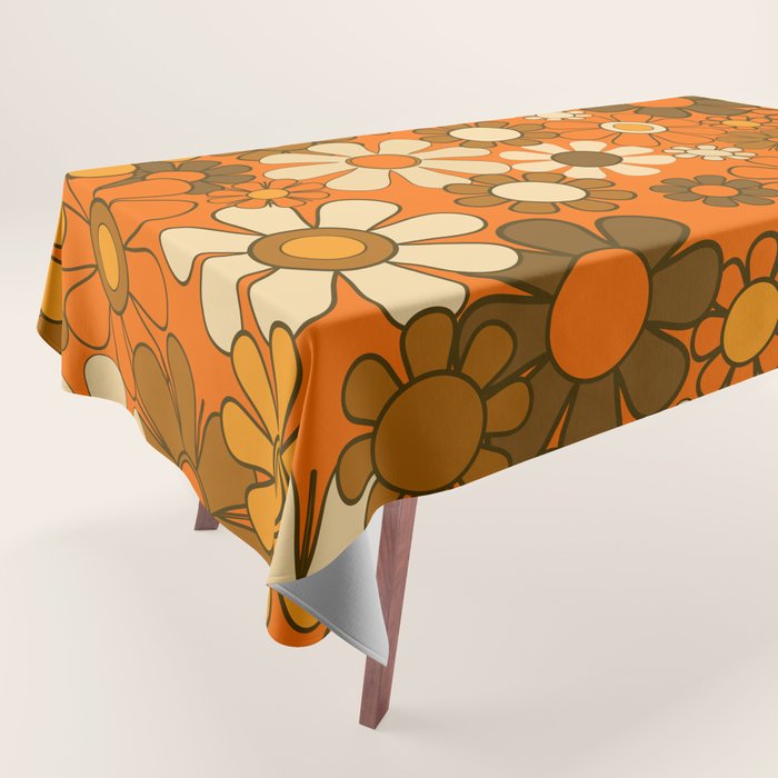 70s Retro Floral Pattern Groovy Garden Flowers in Orange and Brown Tablecloth Gallery Image 1