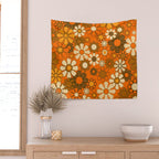 70s Retro Floral Pattern Groovy Garden Flowers in Orange and Brown Wall Tapestry Gallery Image 2