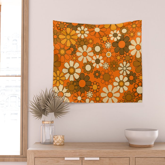 70s Retro Floral Pattern Groovy Garden Flowers in Orange and Brown Wall Tapestry Gallery Image 2