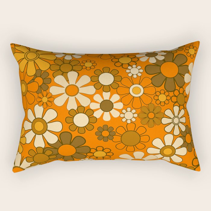 70s Retro Floral Pattern Groovy Garden Flowers in Orange and Brown Rectangular Pillow Gallery Image 2