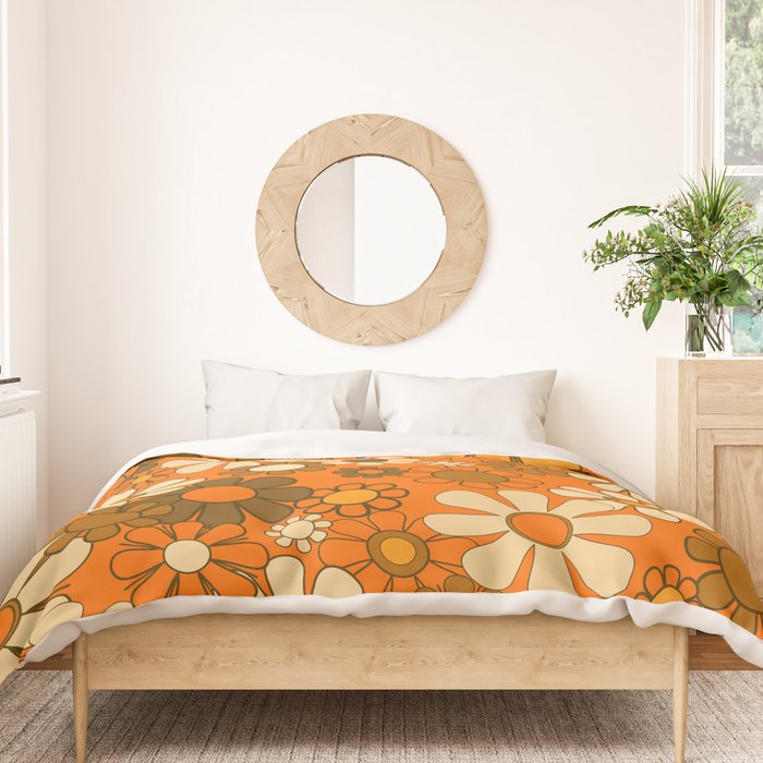 70s Retro Floral Pattern Groovy Garden Flowers in Orange and Brown Duvet Cover Gallery Image 3