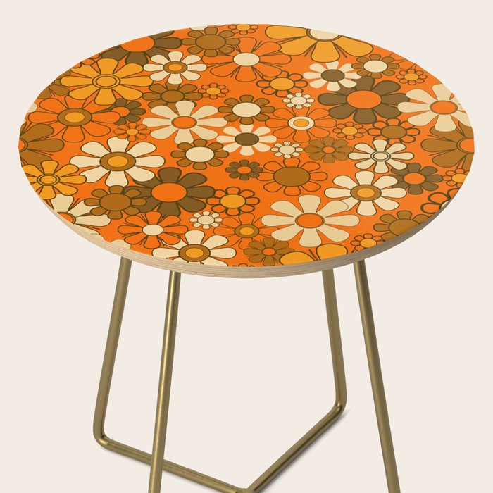 70s Retro Floral Pattern Groovy Garden Flowers in Orange and Brown Side Table Gallery Image 2