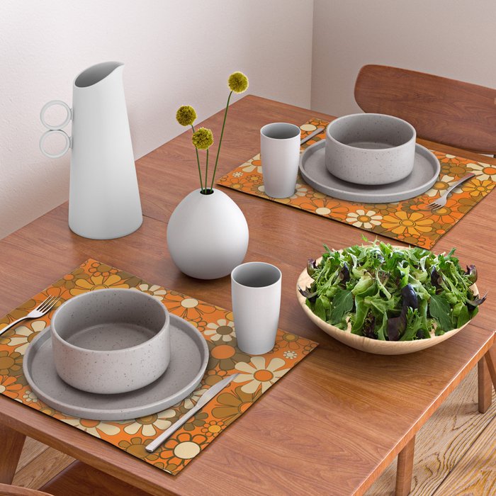 70s Retro Floral Pattern Groovy Garden Flowers in Orange and Brown Placemat Gallery Image 2
