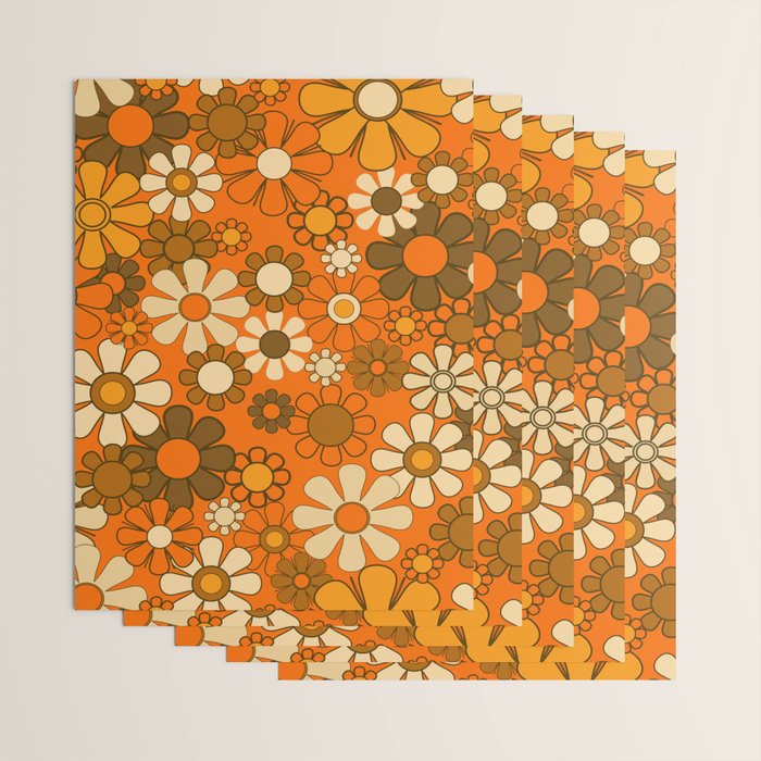 70s Retro Floral Pattern Groovy Garden Flowers in Orange and Brown Wrapping Paper Gallery Image 3