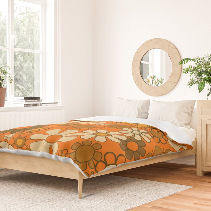 70s Retro Floral Pattern Groovy Garden Flowers in Orange and Brown Duvet Cover Gallery Image 2