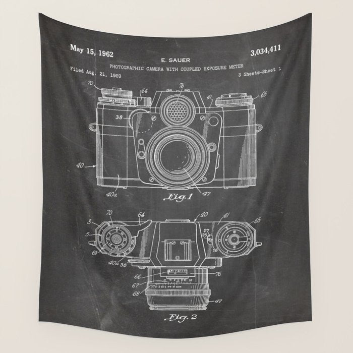 Camera Patent - Photography Art - Black Chalkboard Wall Tapestry Gallery Image 4