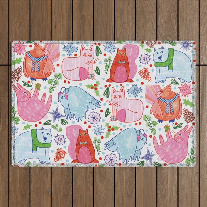 Winter Forest Woodland Animals in Pink & Blue Outdoor Rug Gallery Image 1