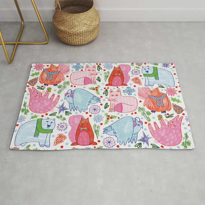 Winter Forest Woodland Animals in Pink & Blue Rug Gallery Image 1
