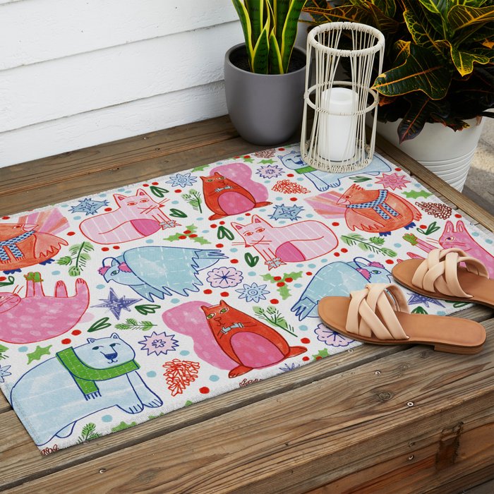 Winter Forest Woodland Animals in Pink & Blue Outdoor Rug Gallery Image 2