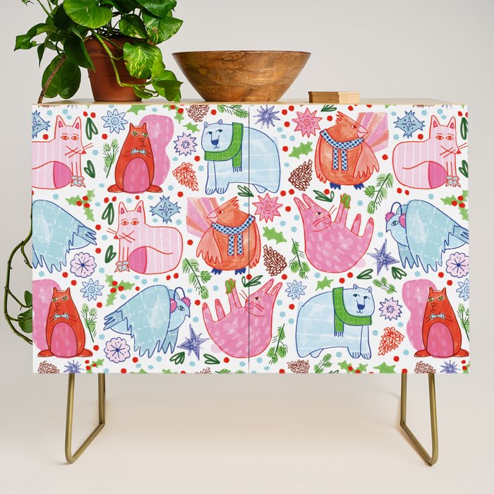 Winter Forest Woodland Animals in Pink & Blue Credenza Gallery Image 1