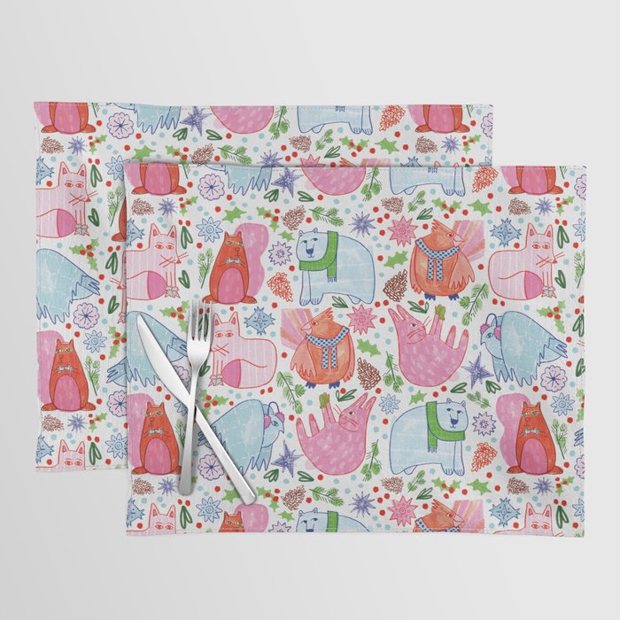 Winter Forest Woodland Animals in Pink & Blue Placemat Gallery Image 1
