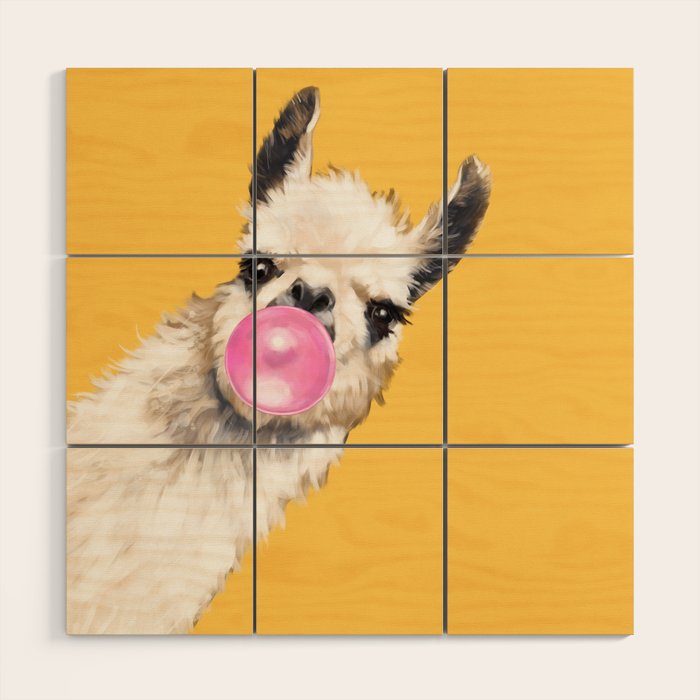 Bubble Gum Sneaky Llama in Yellow Wood Wall Art Gallery Image 1