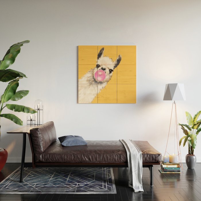 Bubble Gum Sneaky Llama in Yellow Wood Wall Art Gallery Image 2