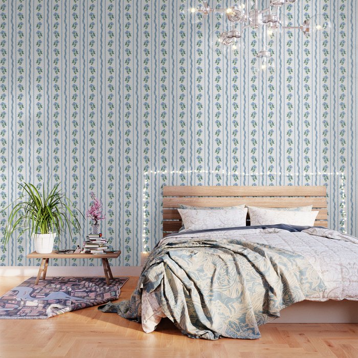 Hydrangea blue and white stripes coastal style Wallpaper Gallery Image 1