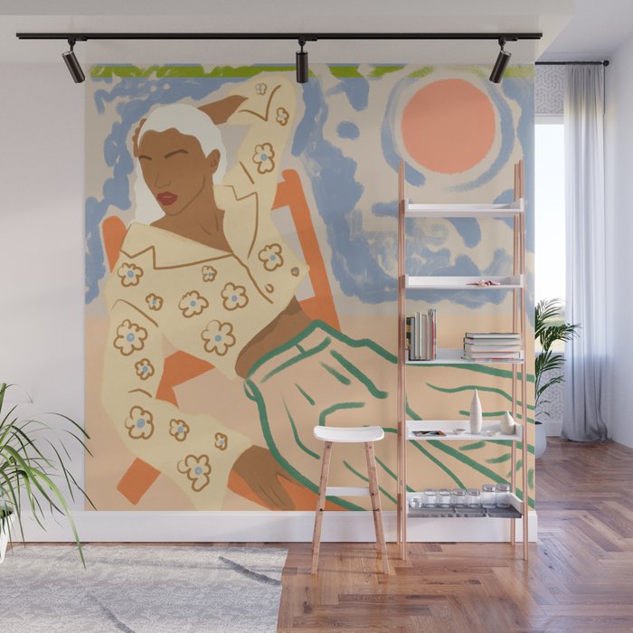 Free Spirit, Wild Bohemian Hippie Brown Woman, Fashion Eclectic Contemporary Boho Spring, Sunny Day Travel Style Pastel Painting Wall Mural Gallery Image 1