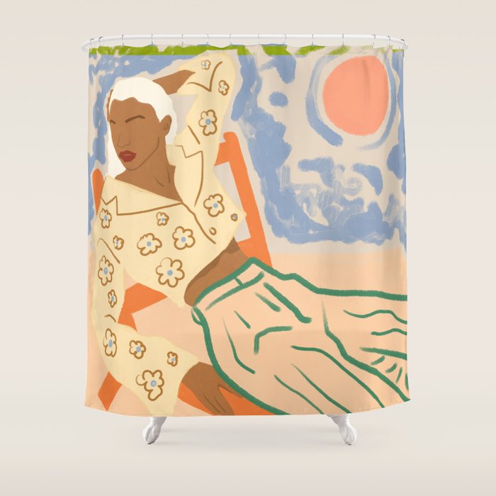 Free Spirit, Wild Bohemian Hippie Brown Woman, Fashion Eclectic Contemporary Boho Spring, Sunny Day Travel Style Pastel Painting Shower Curtain Gallery Image 1