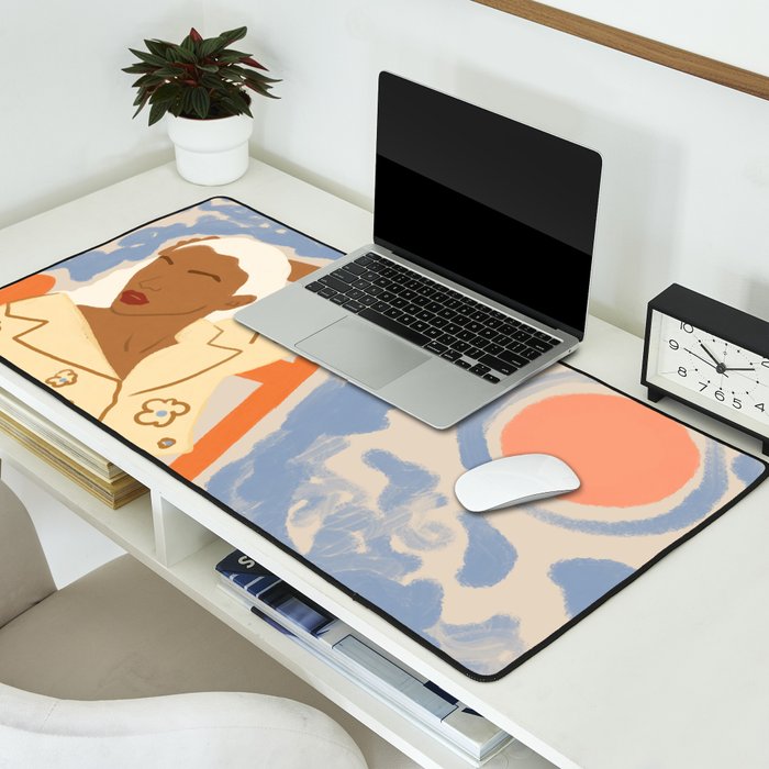 Free Spirit, Wild Bohemian Hippie Brown Woman, Fashion Eclectic Contemporary Boho Spring, Sunny Day Travel Style Pastel Painting Desk Mat Gallery Image 2