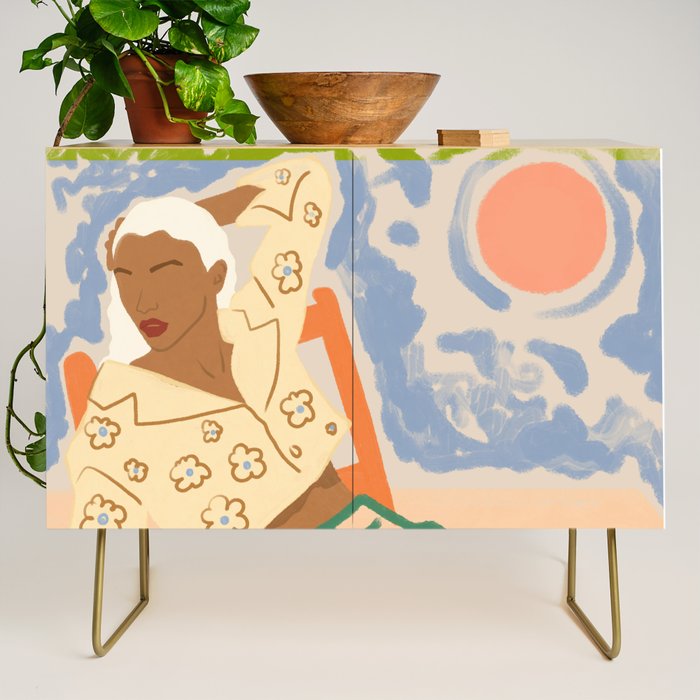 Free Spirit, Wild Bohemian Hippie Brown Woman, Fashion Eclectic Contemporary Boho Spring, Sunny Day Travel Style Pastel Painting Credenza Gallery Image 1