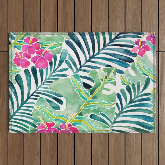 Lush Tropical Fronds & Hibiscus Outdoor Rug Gallery Image 1