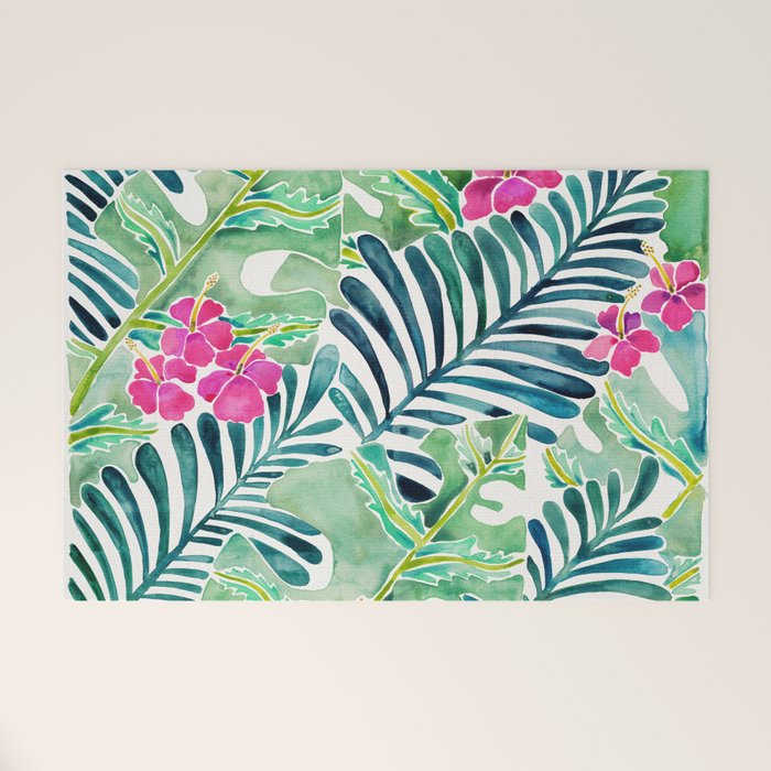 Lush Tropical Fronds & Hibiscus Welcome Mat Gallery Image 1