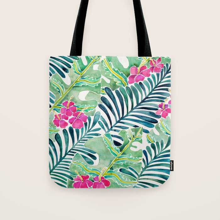 Lush Tropical Fronds & Hibiscus Tote Bag Gallery Image 1