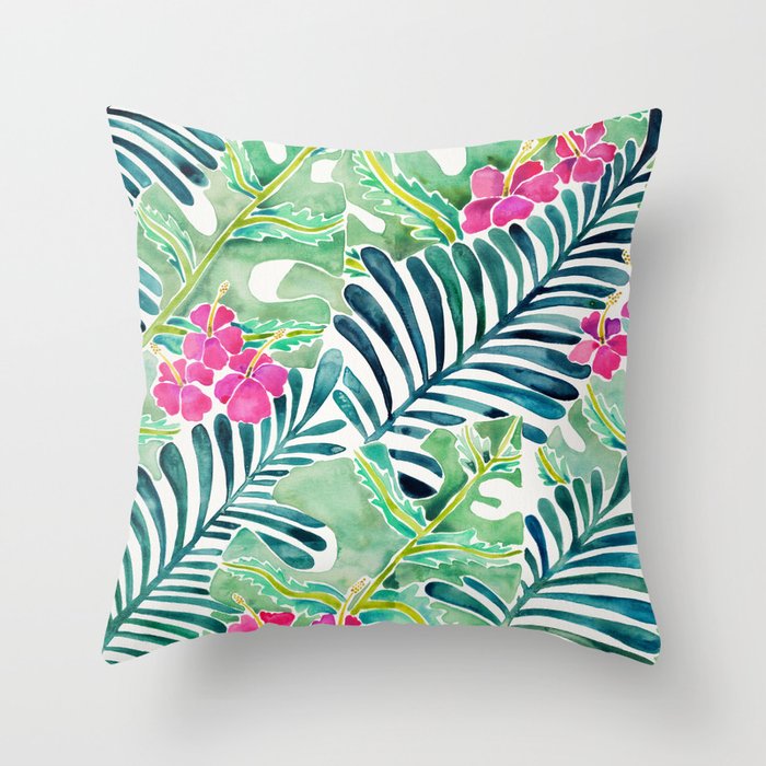 Lush Tropical Fronds & Hibiscus Throw Pillow Gallery Image 6