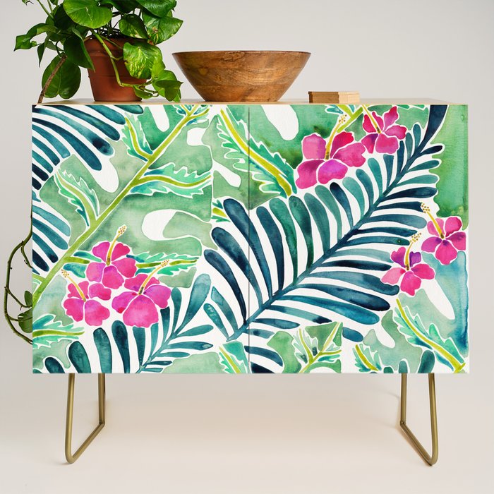 Lush Tropical Fronds & Hibiscus Credenza Gallery Image 1
