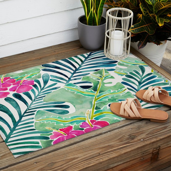 Lush Tropical Fronds & Hibiscus Outdoor Rug Gallery Image 2
