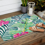 Lush Tropical Fronds & Hibiscus Outdoor Rug Gallery Image 2