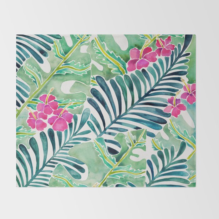 Lush Tropical Fronds & Hibiscus Throw Blanket Gallery Image 2
