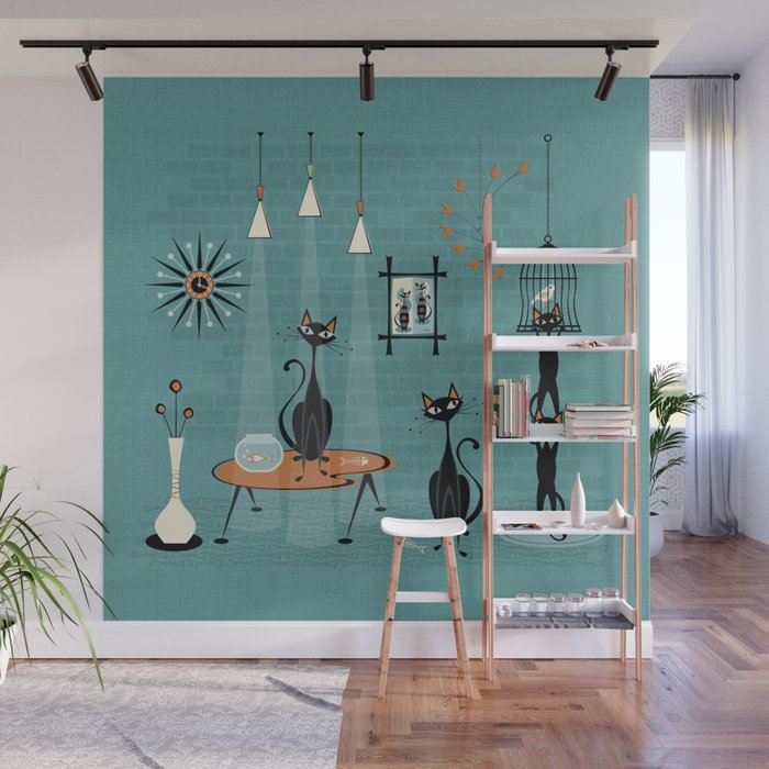 Mid Century Kitty Mishchief - w/ Orange ©studioxtine Wall Mural Gallery Image 1