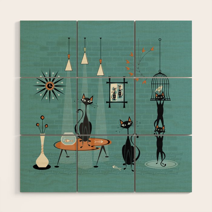 Mid Century Kitty Mishchief - w/ Orange ©studioxtine Wood Wall Art Gallery Image 1