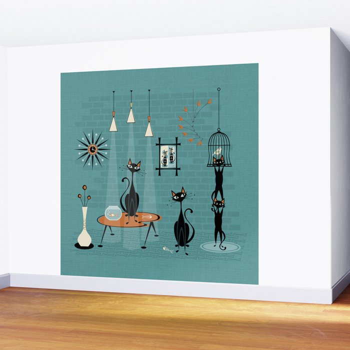 Mid Century Kitty Mishchief - w/ Orange ©studioxtine Wall Mural Gallery Image 2