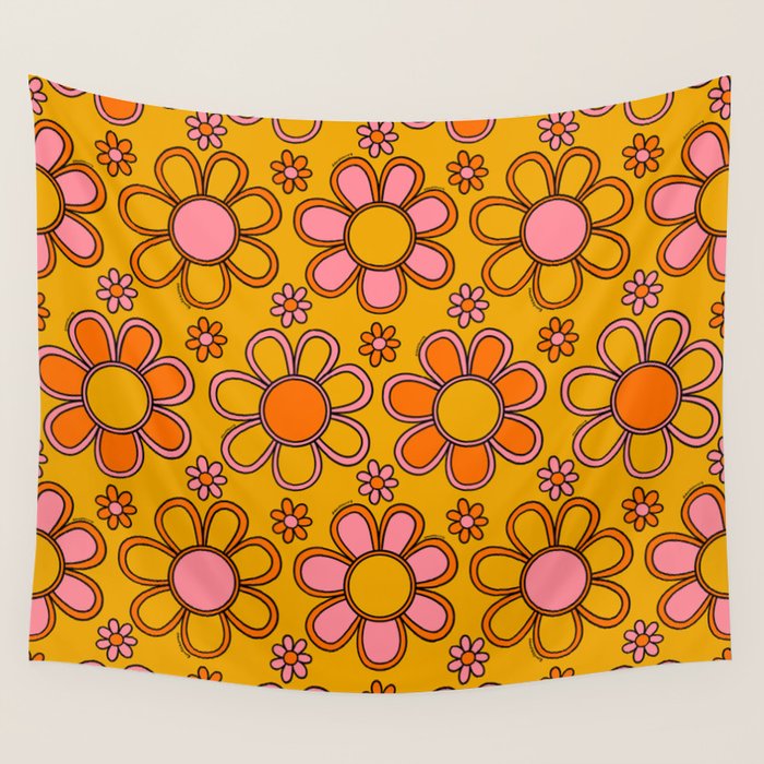 Retro Flower Print Wall Tapestry Gallery Image 1