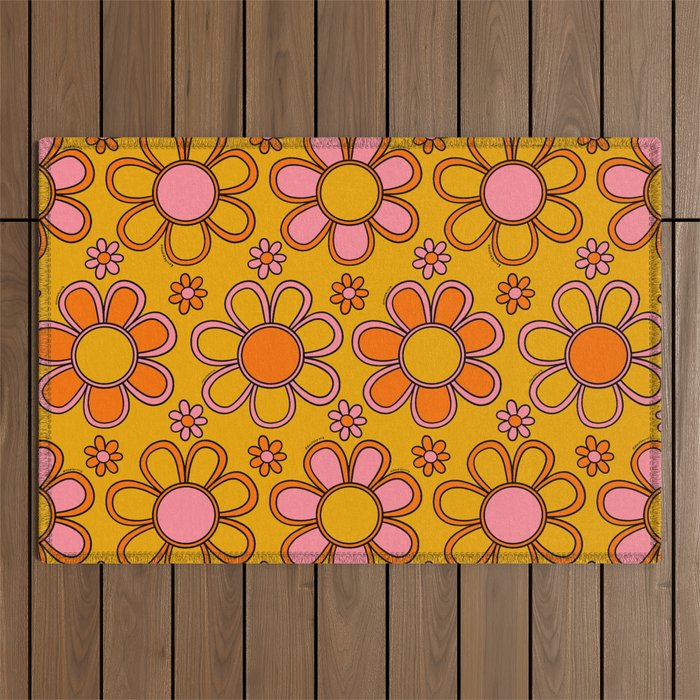 Retro Flower Print Outdoor Rug Gallery Image 1