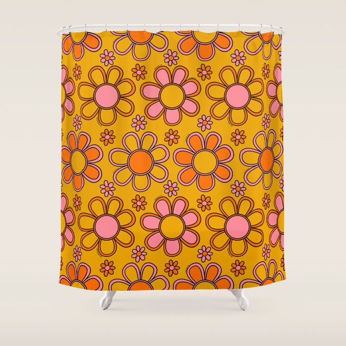 Retro Flower Print Shower Curtain Gallery Image 1