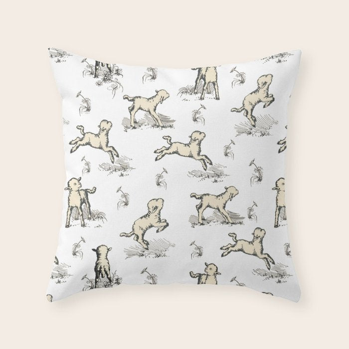 Little Sheep in Meadow - Toile pattern for Children  Throw Pillow Gallery Image 1