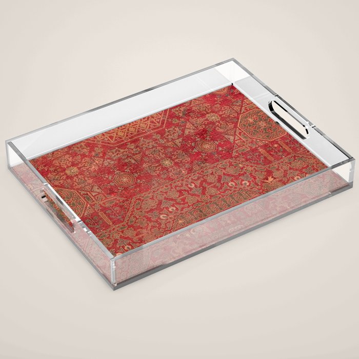 Bohemian Medallion II // 15th Century Old Distressed Red Green Colorful Ornate Accent Rug Pattern Acrylic Tray Gallery Image 1