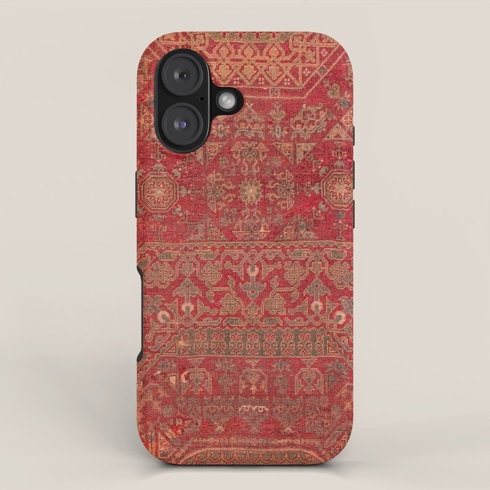 Bohemian Medallion II // 15th Century Old Distressed Red Green Colorful Ornate Accent Rug Pattern iPhone Case Gallery Image 1