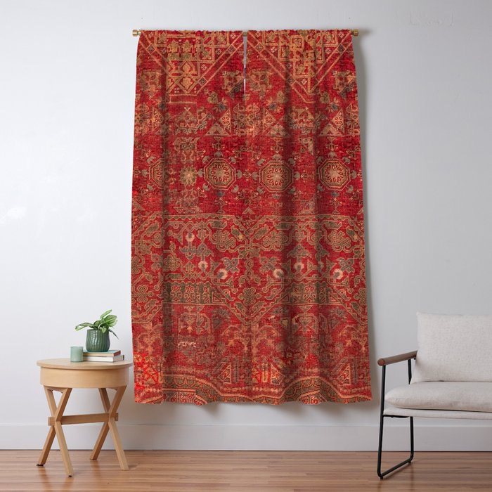 Bohemian Medallion II // 15th Century Old Distressed Red Green Colorful Ornate Accent Rug Pattern Window Curtain Gallery Image 1