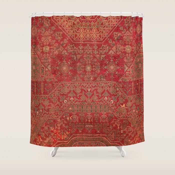 Bohemian Medallion II // 15th Century Old Distressed Red Green Colorful Ornate Accent Rug Pattern Shower Curtain Gallery Image 1