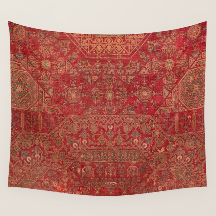 Bohemian Medallion II // 15th Century Old Distressed Red Green Colorful Ornate Accent Rug Pattern Wall Tapestry Gallery Image 1
