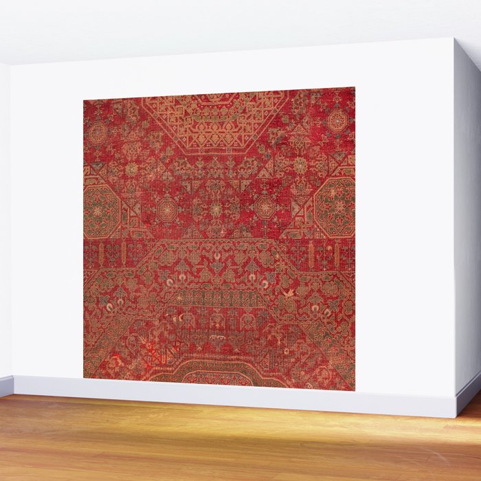 Bohemian Medallion II // 15th Century Old Distressed Red Green Colorful Ornate Accent Rug Pattern Wall Mural Gallery Image 2