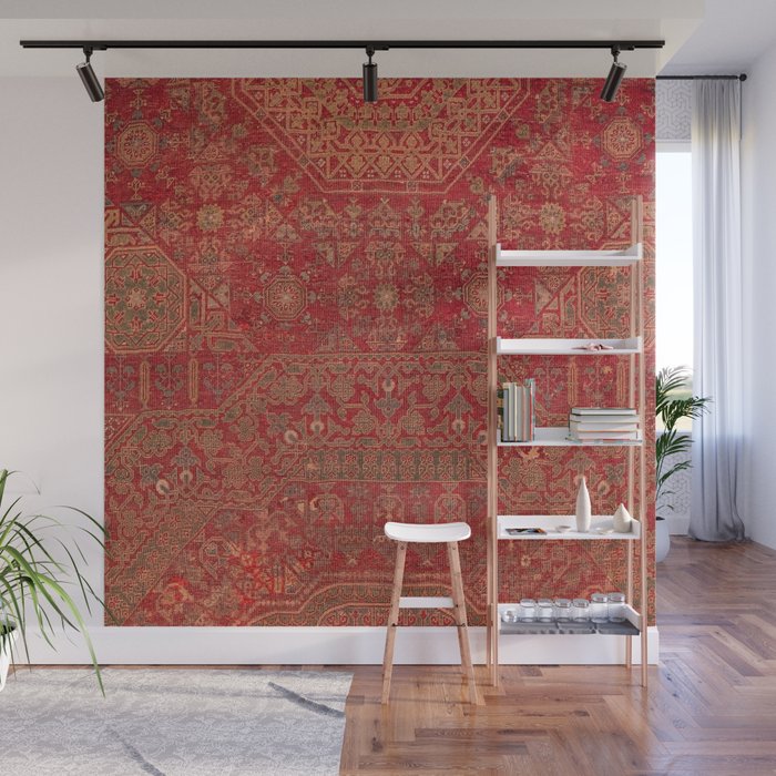 Bohemian Medallion II // 15th Century Old Distressed Red Green Colorful Ornate Accent Rug Pattern Wall Mural Gallery Image 1