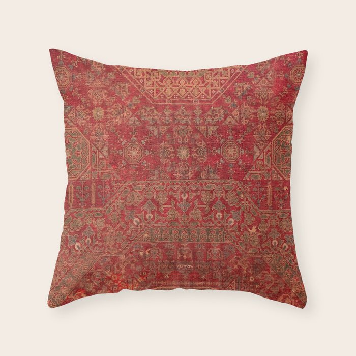 Bohemian Medallion II // 15th Century Old Distressed Red Green Colorful Ornate Accent Rug Pattern Throw Pillow Gallery Image 1